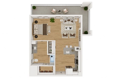 Floor plan for 1 bed, 1 bath, 677 sqft